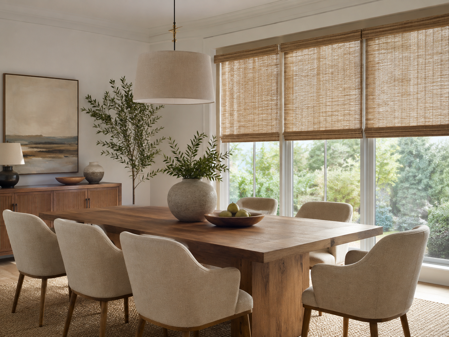 Woven wood shades in a dining room